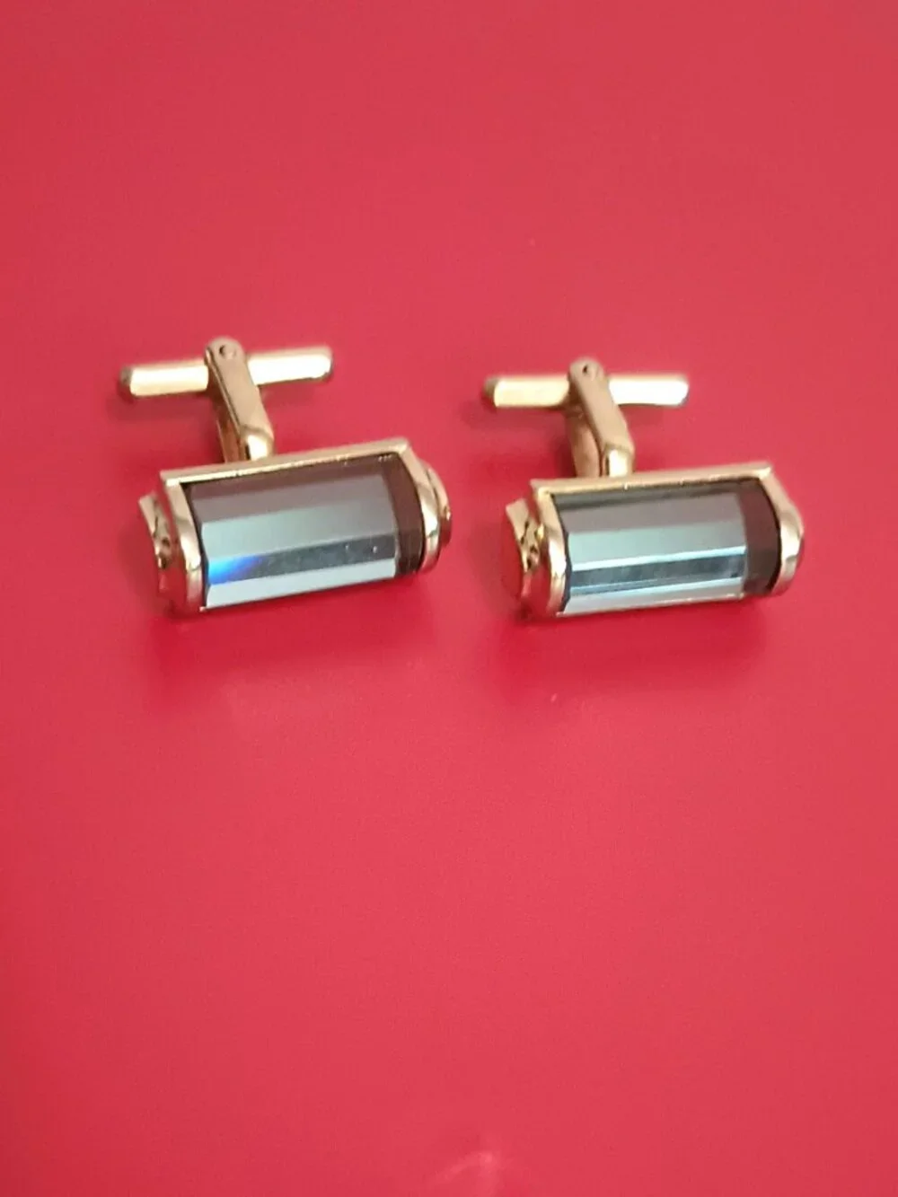 Gold Tone Rectangle Cufflinks with Blue Beveled Color Change Glass